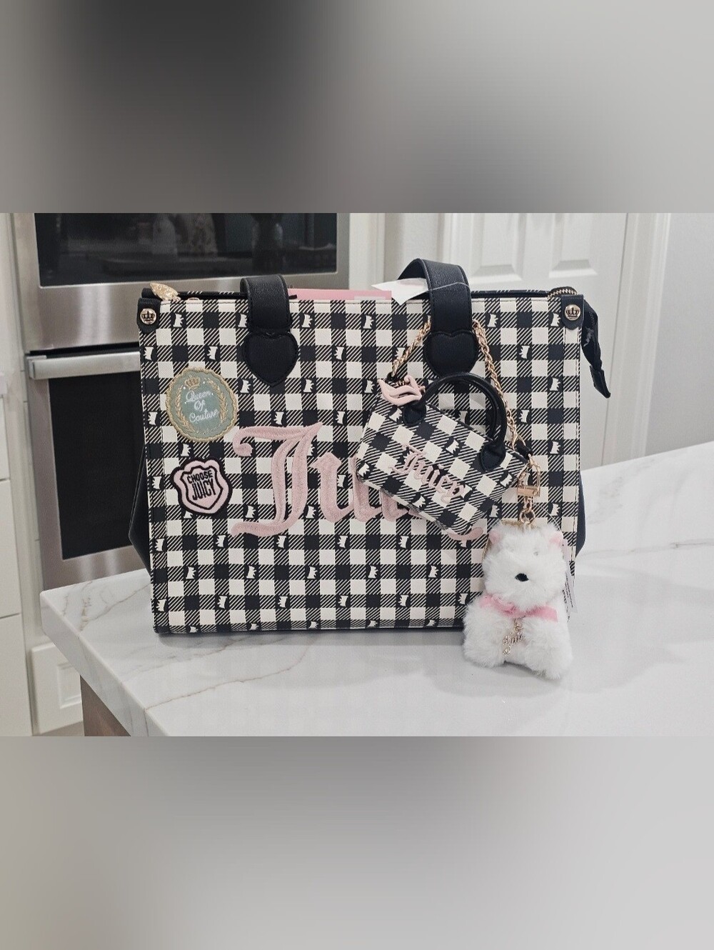 Juicy Couture Black & White Gingham Tote with Pink Accents